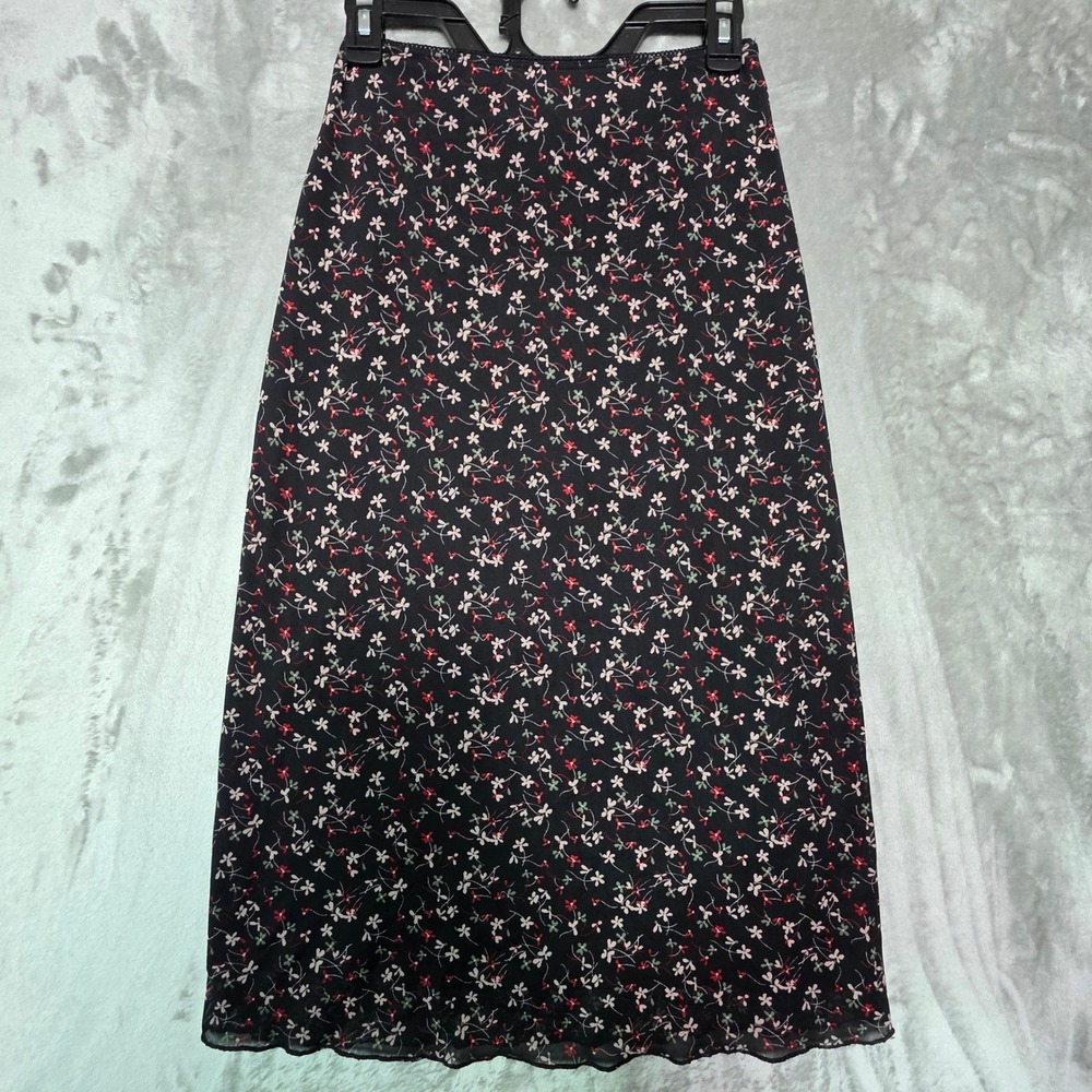 Kirious Los Angeles Black Floral Midi Skirt Side Slit Lace Trim Size S RN141178
